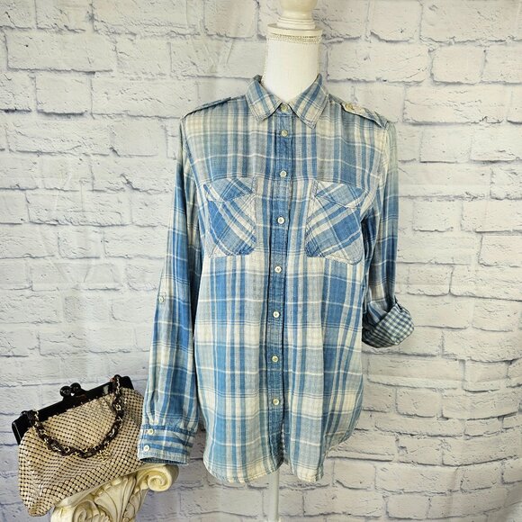 NWT Express Size M Blue Plaid Boyfriend Button Up Tab Sleeve Shirt Blouse Womens - Picture 1 of 9